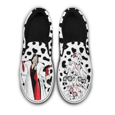 Cruella de Vil & 101 Dalmantian Dogs Patterns Disney Graphic Cartoon Unisex Slip On Low Top Canvas Shoes
