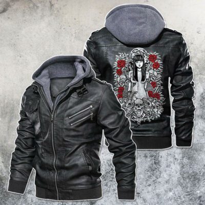 Deadly Beauty Roses Skull Motorcycle Club Black Brown Red Leather Jacket With Removable Hood For Mens Motorcycle Biking Racer LJ4536
