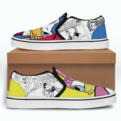 Donald Daisy Duck Flirting Couple Red Yellow Pattern Disney Graphic Cartoon Unisex Slip On Low Top Canvas Shoes 2