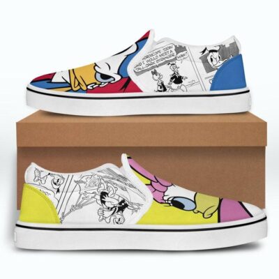 Donald Daisy Duck Flirting Couple Red Yellow Pattern Disney Graphic Cartoon Unisex Slip On Low Top Canvas Shoes 3