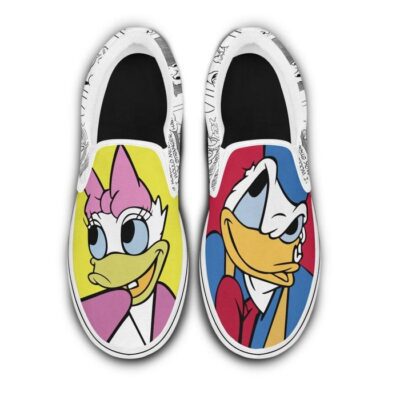Donald Daisy Duck Flirting Couple Red Yellow Pattern Disney Graphic Cartoon Unisex Slip On Low Top Canvas Shoes 4