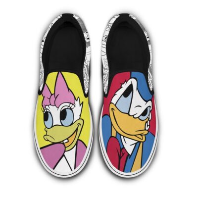 Donald Daisy Duck Flirting Couple Red Yellow Pattern Disney Graphic Cartoon Unisex Slip On Low Top Canvas Shoes 5