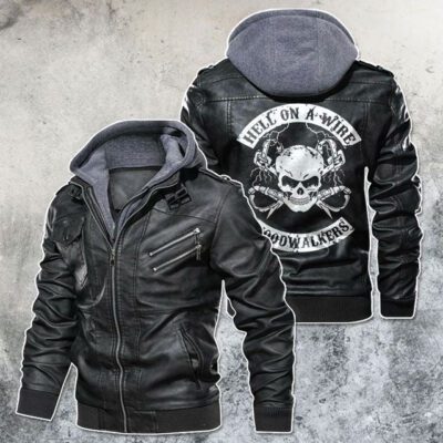 Hell On A Wire Woodwalkers Skull Black Brown Red Leather Jacket With Removable Hood For Mens Motorcycle Biking Racer LJ4532