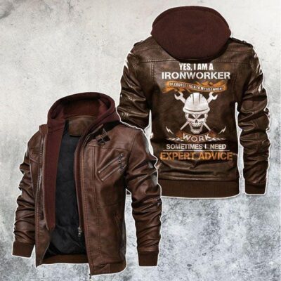 IM A Ironworker Skull Motorcycle Black Brown Red Leather Jacket With Removable Hood For Mens Motorcycle Biking Racer LJ4537 1