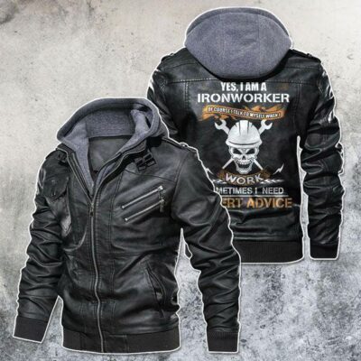 I?M A Ironworker Skull Motorcycle Black Brown Red Leather Jacket With Removable Hood For Mens Motorcycle Biking Racer LJ4537
