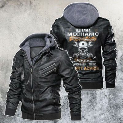 I?M A Mechanic Skull Motorcycle Black Brown Red Leather Jacket With Removable Hood For Mens Motorcycle Biking Racer LJ4534