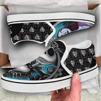 Jack Sally Dark Halloween Black Patterns Disney Graphic Cartoon Unisex Slip On Low Top Canvas Shoes 2