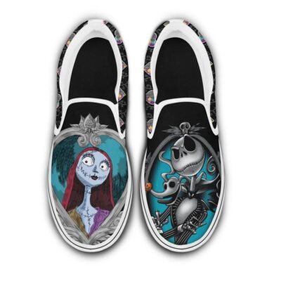 Jack & Sally Dark Halloween Black Patterns Disney Graphic Cartoon Unisex Slip On Low Top Canvas Shoes