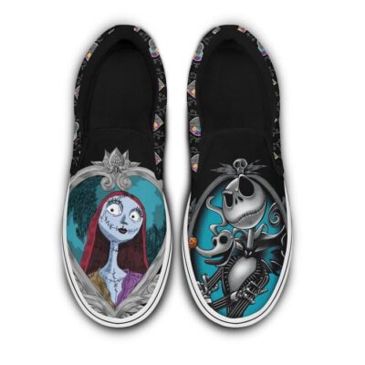 Jack Sally in Frame Dark Halloween Black Patterns Disney Graphic Cartoon Unisex Slip On Low Top Canvas Shoes 1