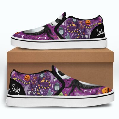 Jack Skellington Sally Purple Black Bling Patterns Disney Graphic Cartoon Unisex Slip On Low Top Canvas Shoes 2