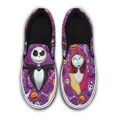 Jack Skellington Sally Purple Black Bling Patterns Disney Graphic Cartoon Unisex Slip On Low Top Canvas Shoes 3