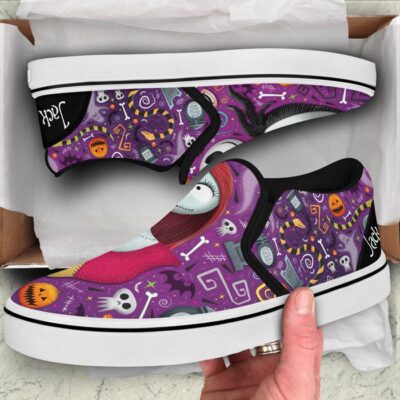 Jack Skellington & Sally Purple Black Bling Patterns Disney Graphic Cartoon Unisex Slip On Low Top Canvas Shoes