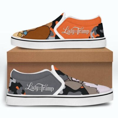 Lady and The Tramp Dog Couple Brown Gray Pattern Disney Graphic Cartoon Unisex Slip On Low Top Canvas Shoes 4
