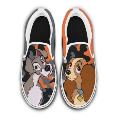 Lady and The Tramp Dog Couple Brown Gray Pattern Disney Graphic Cartoon Unisex Slip On Low Top Canvas Shoes