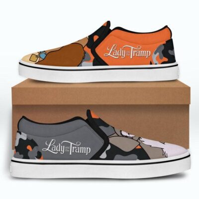 Lady and The Tramp Dog Couple Brown Gray Pattern Disney Graphic Cartoon Unisex Slip On Low Top Canvas Shoes 5