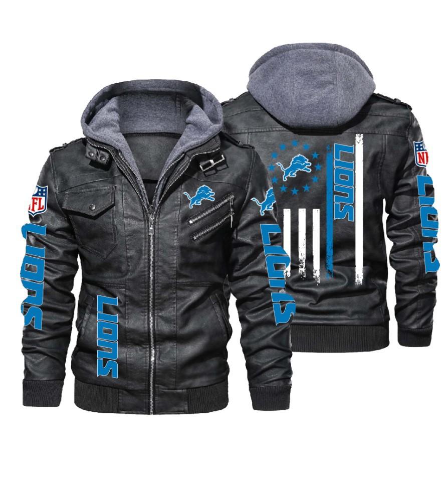 MK NFL Detroit Lions thin blue line flag 2d Leather Jacket