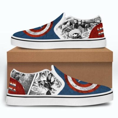 Marvel Captain America Vibranium Blue White Patterns Disney Graphic Cartoon Unisex Slip On Low Top Canvas Shoes 2