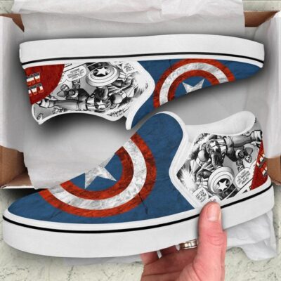 Marvel Captain America Vibranium Blue White Patterns Disney Graphic Cartoon Unisex Slip On Low Top Canvas Shoes