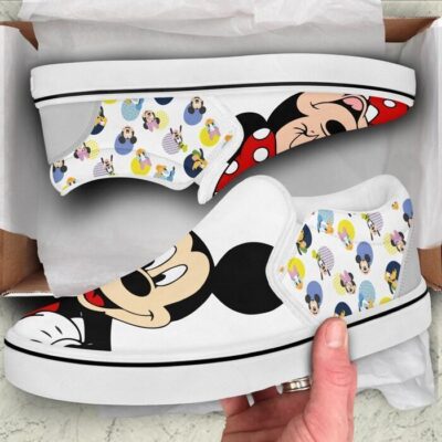 Mickey Minnie Mouse White Patterns Disney Graphic Cartoon Unisex Slip On Low Top Canvas Shoes 2