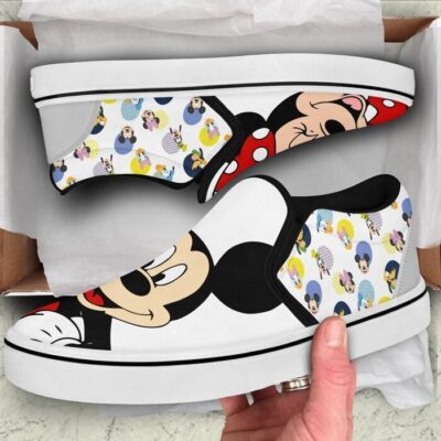 Mickey Minnie Mouse White Patterns Disney Graphic Cartoon Unisex Slip On Low Top Canvas Shoes 3