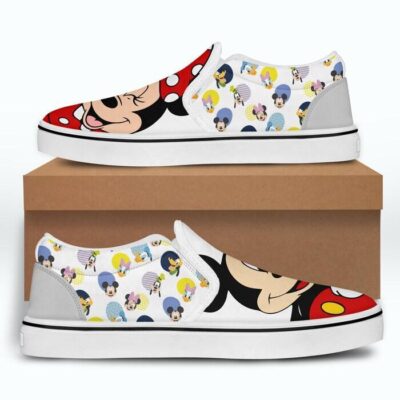 Mickey Minnie Mouse White Patterns Disney Graphic Cartoon Unisex Slip On Low Top Canvas Shoes 4