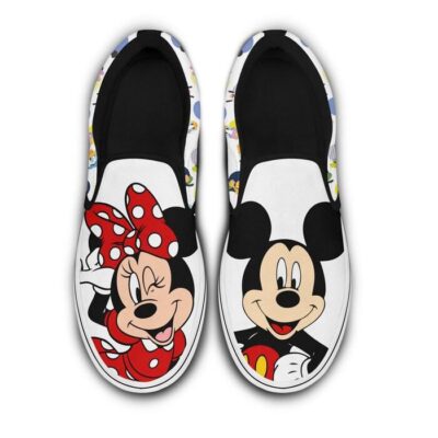 Mickey & Minnie Mouse White Patterns Disney Graphic Cartoon Unisex Slip On Low Top Canvas Shoes