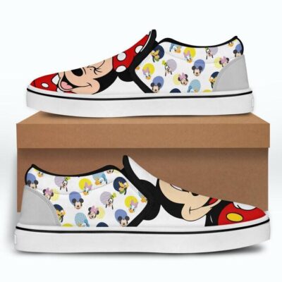 Mickey Minnie Mouse White Patterns Disney Graphic Cartoon Unisex Slip On Low Top Canvas Shoes 5