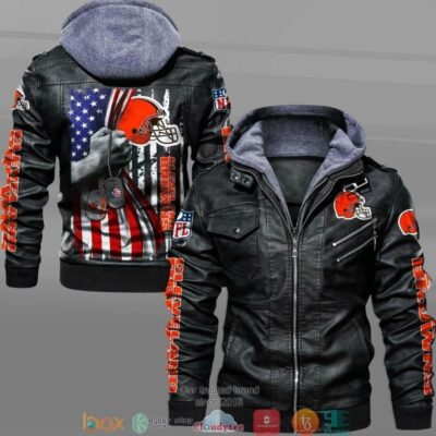 NFL Cleveland Browns hold American flag 2d Leather Jacket LJ1977