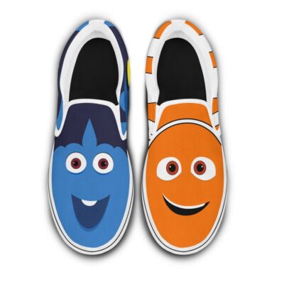 Nemo and Dory Fish Blue Orange Pattern Disney Graphic Cartoon Unisex Slip On Low Top Canvas Shoes 3