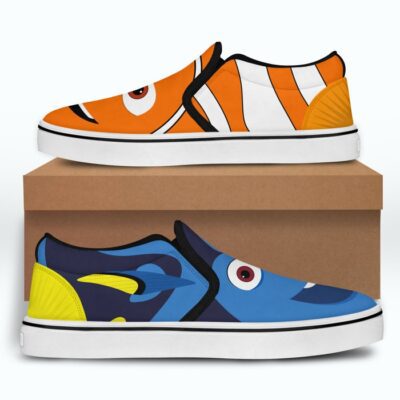 Nemo and Dory Fish Blue Orange Pattern Disney Graphic Cartoon Unisex Slip On Low Top Canvas Shoes 4