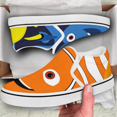 Nemo and Dory Fish Blue Orange Pattern Disney Graphic Cartoon Unisex Slip On Low Top Canvas Shoes