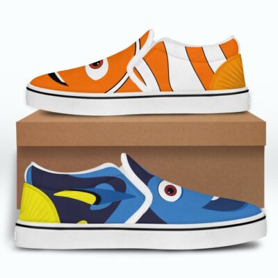 Nemo and Dory Fish Blue Orange Pattern Disney Graphic Cartoon Unisex Slip On Low Top Canvas Shoes 5