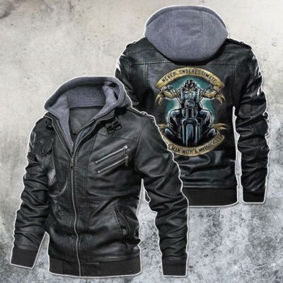 Never Underestimate An Old Man With A Motocycle Skull Black Brown Red Leather Jacket With Removable Hood For Mens Motorcycle Biking Racer LJ4548