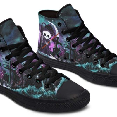 Purple Night Cartoon Reaper Halloween Black Canvas High Top Shoes