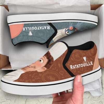 Remy Ratatouille Alfredo Linguini Brown Gray Pattern Disney Graphic Cartoon Unisex Slip On Low Top Canvas Shoes 2