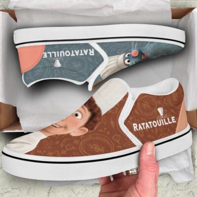 Remy Ratatouille Alfredo Linguini Brown Gray Pattern Disney Graphic Cartoon Unisex Slip On Low Top Canvas Shoes 3