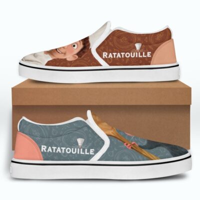 Remy Ratatouille Alfredo Linguini Brown Gray Pattern Disney Graphic Cartoon Unisex Slip On Low Top Canvas Shoes 4