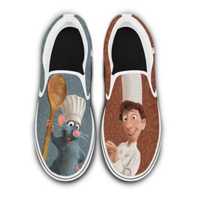 Remy Ratatouille Alfredo Linguini Brown Gray Pattern Disney Graphic Cartoon Unisex Slip On Low Top Canvas Shoes