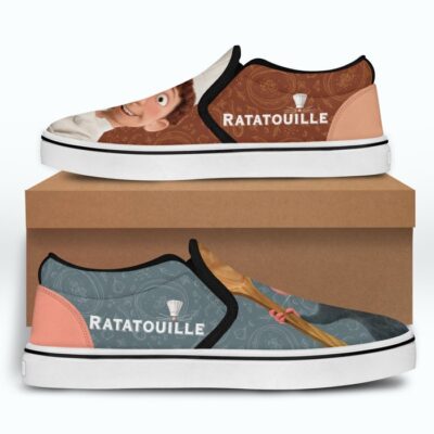 Remy Ratatouille Alfredo Linguini Brown Gray Pattern Disney Graphic Cartoon Unisex Slip On Low Top Canvas Shoes 5