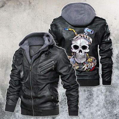 Self Made Man Skull Welder Black Brown Red Leather Jacket With Removable Hood For Mens Motorcycle Biking Racer LJ4533