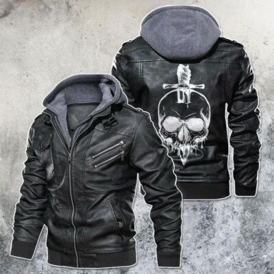 Skull And Knife Black Brown Red Leather Jacket With Removable Hood For Mens Motorcycle Biking Racer LJ4545