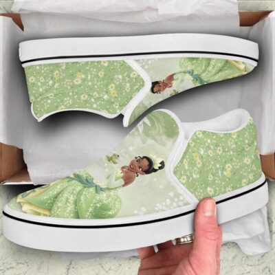 Tiana The Princess And The Frog Green Flower Patterns Disney Graphic Cartoon Unisex Slip On Low Top Canvas Shoes 2