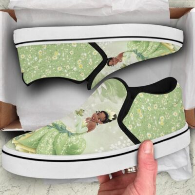 Tiana The Princess And The Frog Green Flower Patterns Disney Graphic Cartoon Unisex Slip On Low Top Canvas Shoes 3