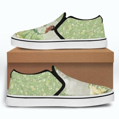 Tiana The Princess And The Frog Green Flower Patterns Disney Graphic Cartoon Unisex Slip On Low Top Canvas Shoes 4