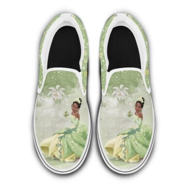 Tiana The Princess And The Frog Green Flower Patterns Disney Graphic Cartoon Unisex Slip On Low Top Canvas Shoes