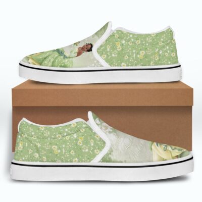 Tiana The Princess And The Frog Green Flower Patterns Disney Graphic Cartoon Unisex Slip On Low Top Canvas Shoes 5