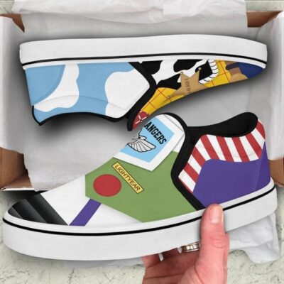 Woody Buzz Lightyear Toy Story Yellow Green Patterns Disney Graphic Cartoon Unisex Slip On Low Top Canvas Shoes 3
