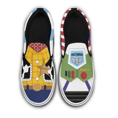 Woody Buzz Lightyear Toy Story Yellow Green Patterns Disney Graphic Cartoon Unisex Slip On Low Top Canvas Shoes