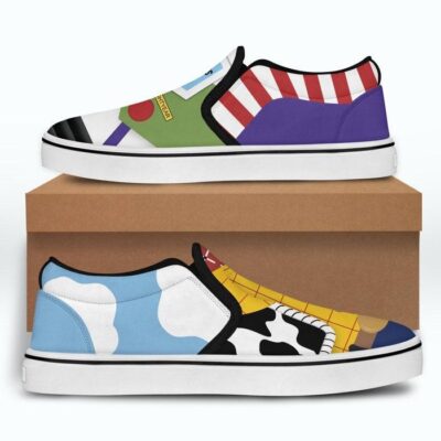 Woody Buzz Lightyear Toy Story Yellow Green Patterns Disney Graphic Cartoon Unisex Slip On Low Top Canvas Shoes 5