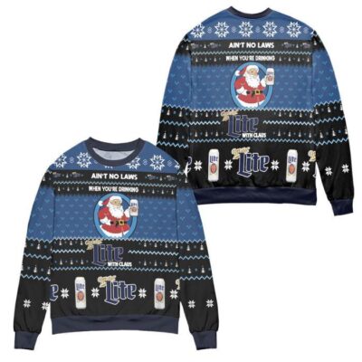 Ain't No Laws When You're Drinking Miller Lite With Claus Ugly Christmas Sweater - Black Blue
